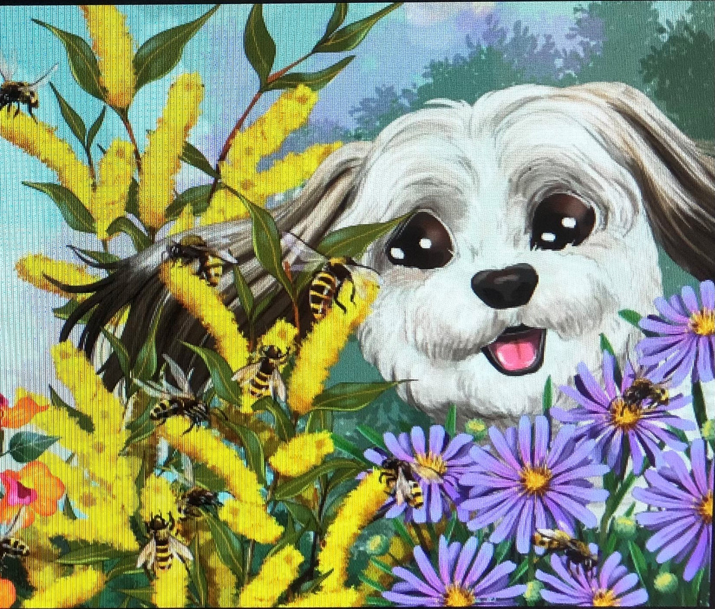 Children's garden adventure book cover featuring a happy dog among colorful flowers and buzzing bees