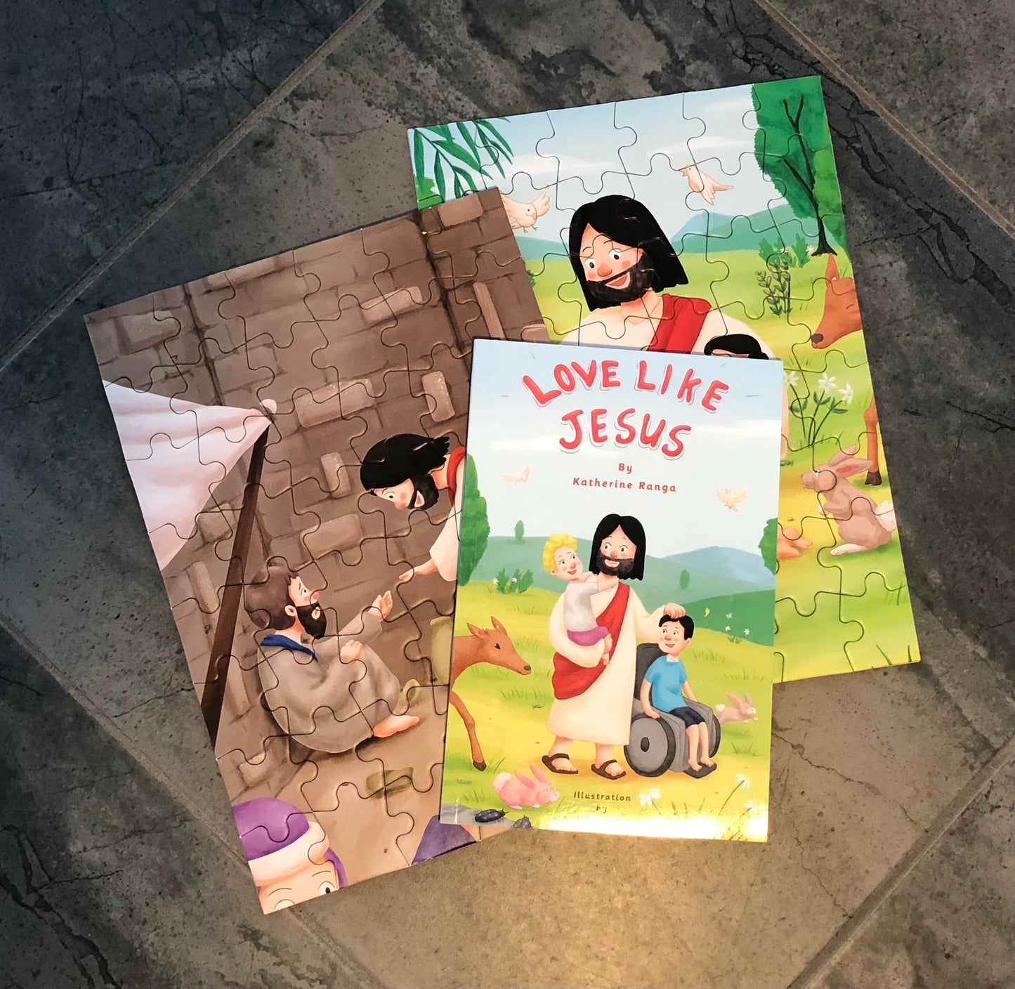 Colorful Bible story puzzle for kids featuring illustrations from the book Love Like Jesus