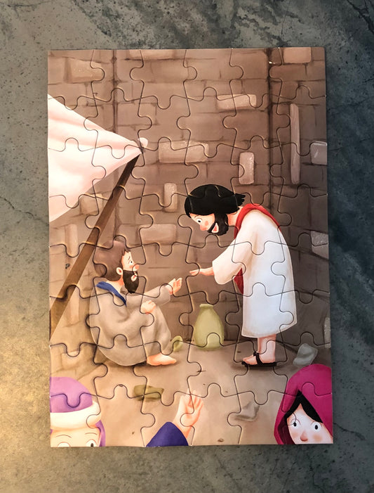 Christian children's book bundle featuring an illustrated puzzle scene of Jesus helping a man in need
