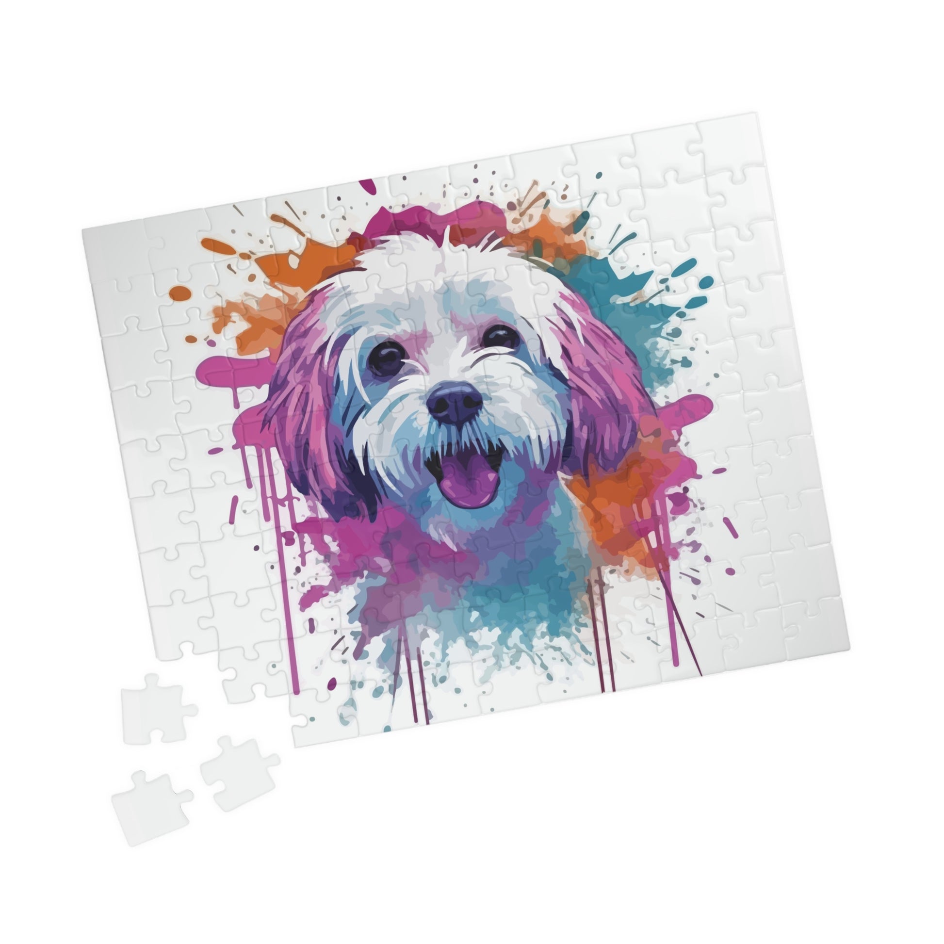 Ollie design puzzle for kids featuring a colorful dog portrait with vibrant splashes